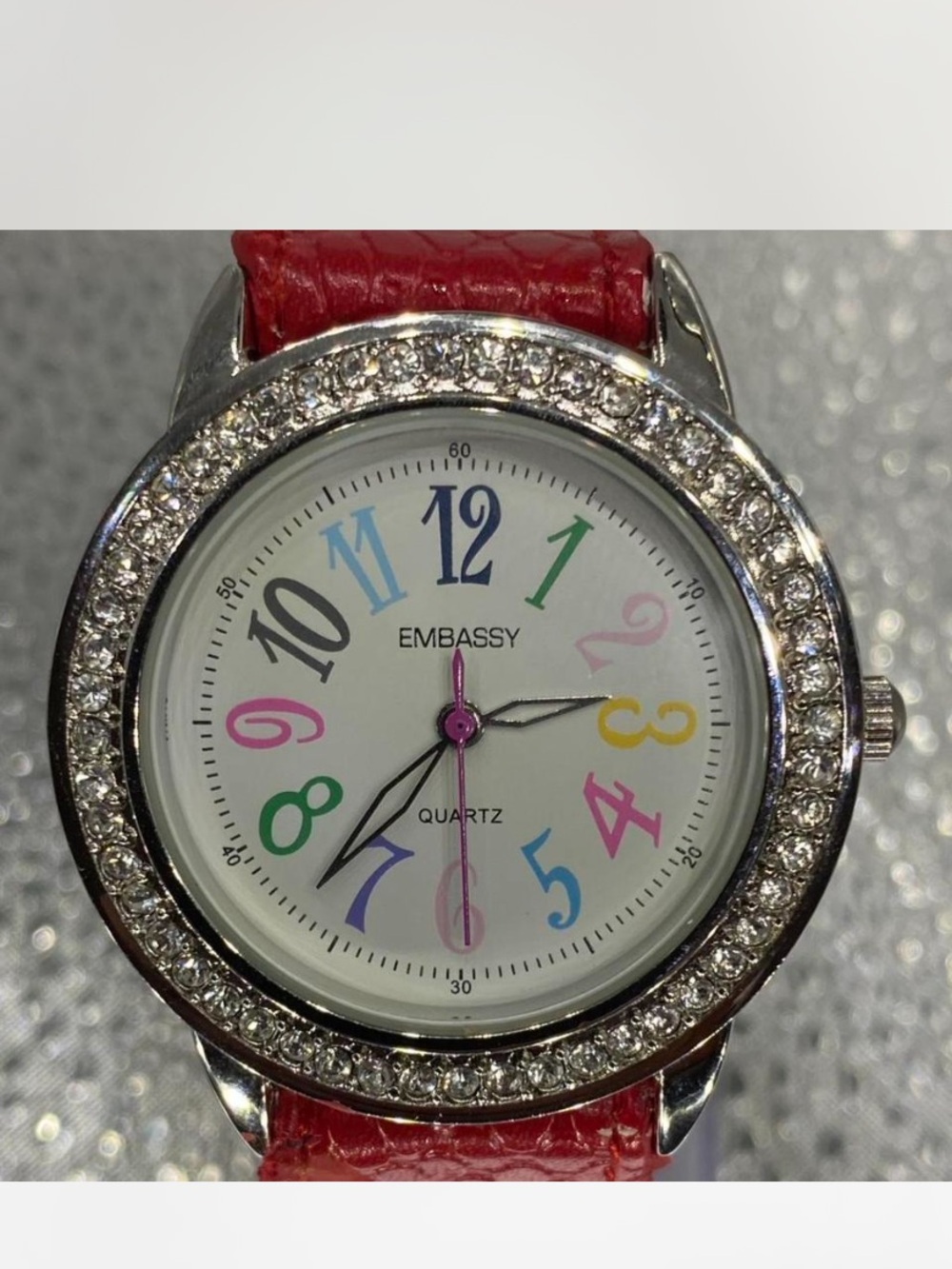 *** Embassy ^^^ Iced “Crystal Bezel Watch - Multicolor Dial, Ruby Red Strap ***